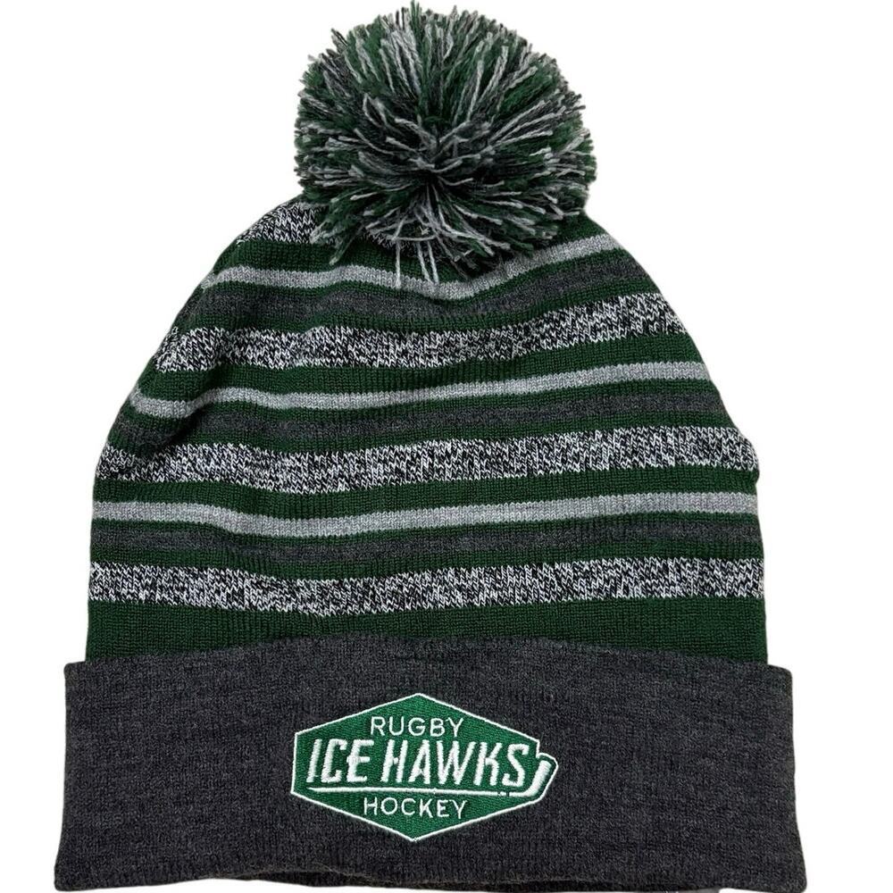 CapAmerica Rugby Ice Hawks Hockey Pom Beanie Green Gray Knit Hat NWT Winter ❄️